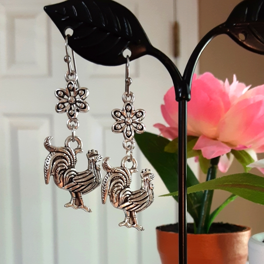 Handmade  Rooster Silvertone  Earrings